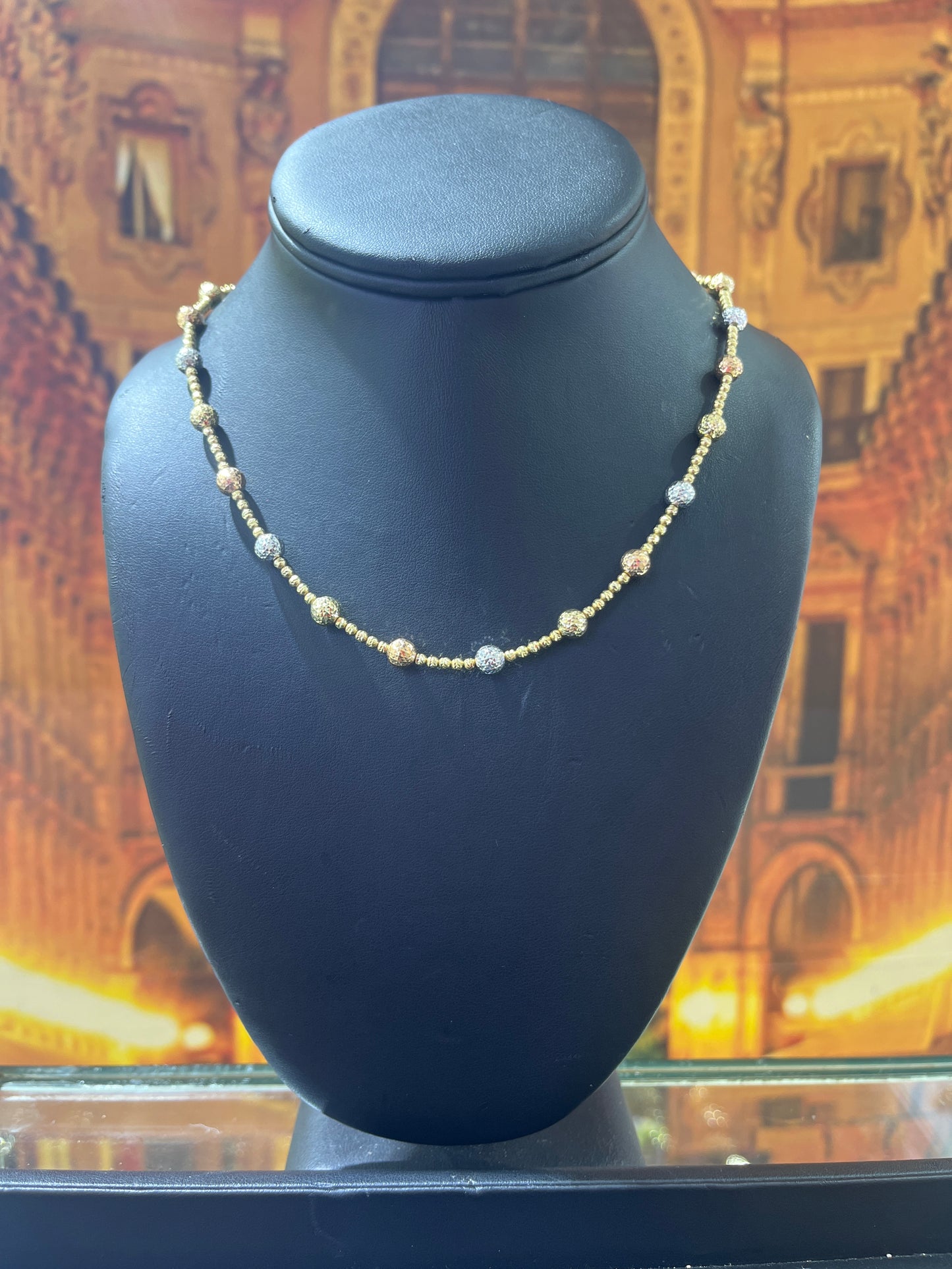 14KT Gold Necklace - Beaded Ball Design Tri-Color 4mm