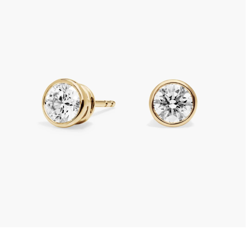 Diamond Stud Earrings - Bezel Set Solitaire (1.00cts) in 14KT Yellow Gold