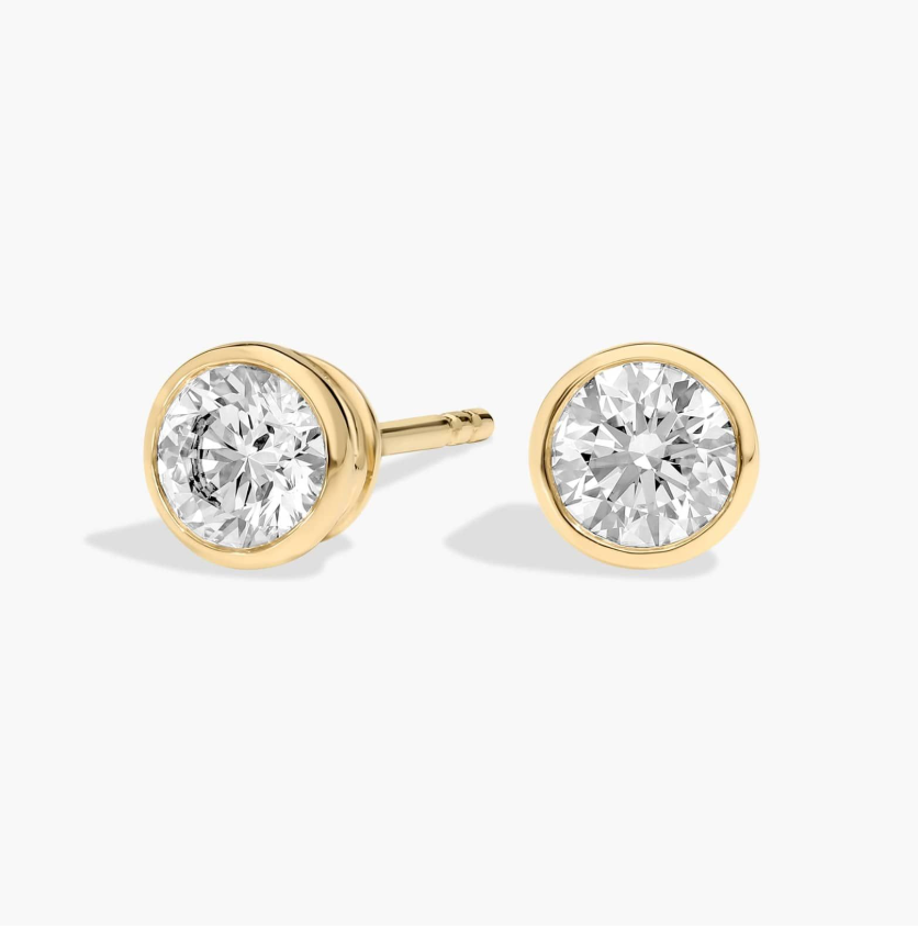Diamond Stud Earrings - Bezel Set Solitaire (0.75cts) in 14KT Yellow Gold