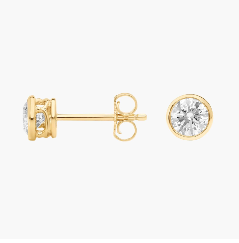 Diamond Stud Earrings - Bezel Set Solitaire (0.75cts) in 14KT Yellow Gold